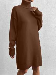 EURMUSE Turtleneck Drop Shoulder Sweater Dress (Belt Not Included) - Brown - View 5