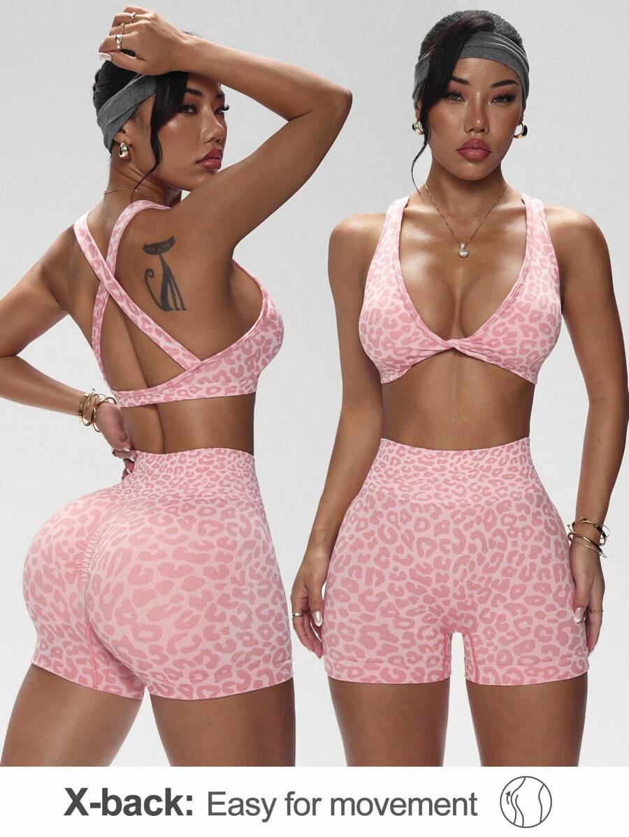 Slayform 2pcs Leopard Print Twisted Front Sports Bra And Shorts Co-Ord Set Workout Women Sets Y2k Glowmode