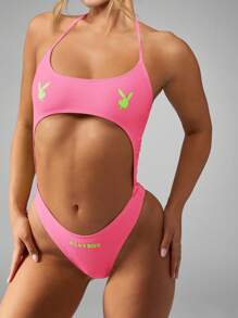 Missguided x Playboy Bộ đồ bơi liền thân Brazil cắt xẻ cao Monokini mùa hè đi biển, bộ sưu tập đồ bơi cổ yếm - Hồng - Xem 4