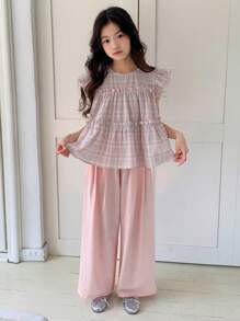 Dazy Kids 2pcs Tween Girl Girls' Plaid Print Crew Neck Short Sleeve Blouse And Long Pants Set, Autumn