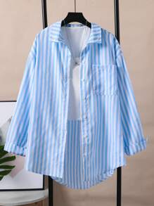 Set di 3 pezzi, outfit verde scuro per adolescenti, composto da una camicia a righe a maniche lunghe con orlo irregolare, un gilet lavorato a maglia bianco e pantaloni neri a gamba ampia, ideale per l'uso quotidiano e per le vacanze