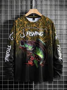 Manfinity LEGND 男士长袖休闲装 - 3D鱼形印花，圆领，涤纶，黑蓝渐变色，适合户外活动，男士长袖图案钓鱼配件，送给男朋友或丈夫的绝佳礼物。长袖钓鱼T恤，送给男朋友或丈夫的绝佳礼物。图案钓鱼衬衫 - 彩色 - 查看 6