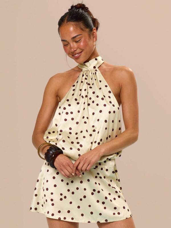 MUSERA Halter Neck Open Back Drop Waist Satin Polka Dot Mini Dress Birthday Graduation Summer Vacation Holiday Festival Cute Casual Elegant Tuscan Sun Ibiza Wedding Guest Beach Night Out