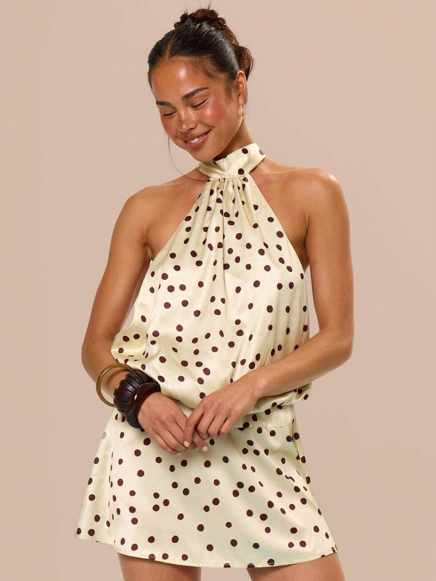 MUSERA 露背吊带低腰缎面波点迷你连衣裙，适合生日、毕业典礼、夏季假期、节日等场合，可爱休闲又不失优雅，适合托斯卡纳阳光、伊比沙岛、婚礼、海滩、夜生活、约会、生日派对、冬季派对等场合，尽显优雅时尚。 - 卡其色 - 查看 1