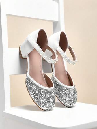 Mini mi Scarpe eleganti con tacco a blocco, dettagli in finta perla e cinturino alla caviglia, in glitter argento, con scintillanti strass per matrimoni, feste, concorsi di bellezza e occasioni speciali