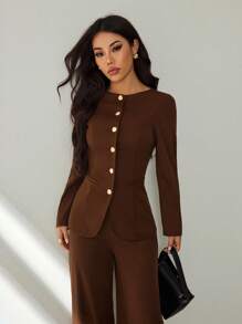 SHEIN PETITE Women's Elegant Solid Color Fitted Jacket And Pants Suit Set, Chocolate Brown Modern Suiting 2 Pieces Set In Fall/Winter - Coffee Brown - View 7