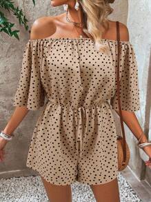Breezaya Bộ đồ liền thân chấm bi hở vai 5 tay thời trang & thoải mái đi nghỉ có cạp chun, mùa xuân/hè - Màu Khaki - Xem 3