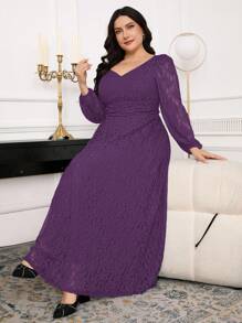 Modelyn Gaun Ukuran Plus Elegan dengan Kerah Berbentuk Hati dan Lengan Lentera, Cocok untuk Musim Gugur - Purple - View 3
