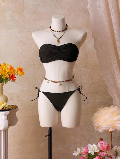 SHEIN Swim 女士夏季海滩纯色性感抹胸比基尼上衣