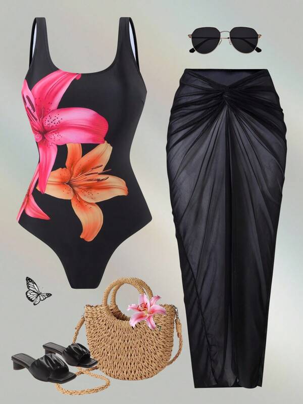 Swim Oasis 2pcs Summer Sexy One-Piece Placement Print Round Neck Backless Top And Mini Skirt Swimsuit Set For Women