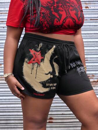 Street Life Shorts Große Größen für Damen mit Gothic-Retro-GesichtsGrafik, geeignet für den Alltag im Frühling/Sommer