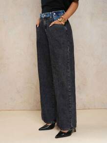 COSMINA 女式黑蓝撞色水洗宽松直筒牛仔裤，休闲百搭，复古风 - 深灰色 - 查看 4