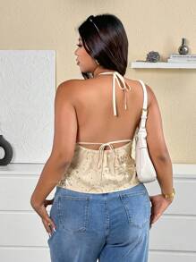 Calvaya Camiseta y top sin espalda con lentejuelas de unicolor para mujer de talla grande, adecuado para fiestas - Dorado - Ver 2