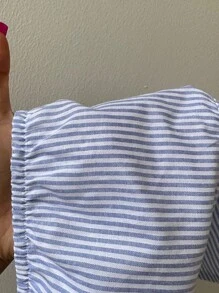 Sunnyshic 2 件套：蓝白条纹亚麻裹胸短款上衣，系带细节和低腰抽绳阔腿裤，优雅休闲海滩/度假/女士日常装，夏季 - 藍色 - 查看 7
