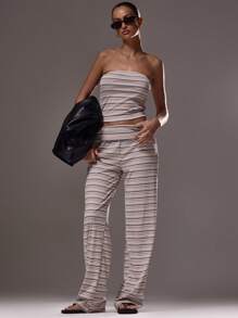 MUSERA Striped Bandeau Top And Low Rise Foldover Waist Wide Leg Trousers Co Ord Summer Cute Vacation Easter Back To School Winter Everyday - Apricot - View 3