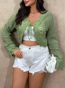 SHEIN LUNE 大码女款纯色针织V领短款系腰镂空长袖休闲简约开衫春夏防晒 - 綠色 - 查看 6