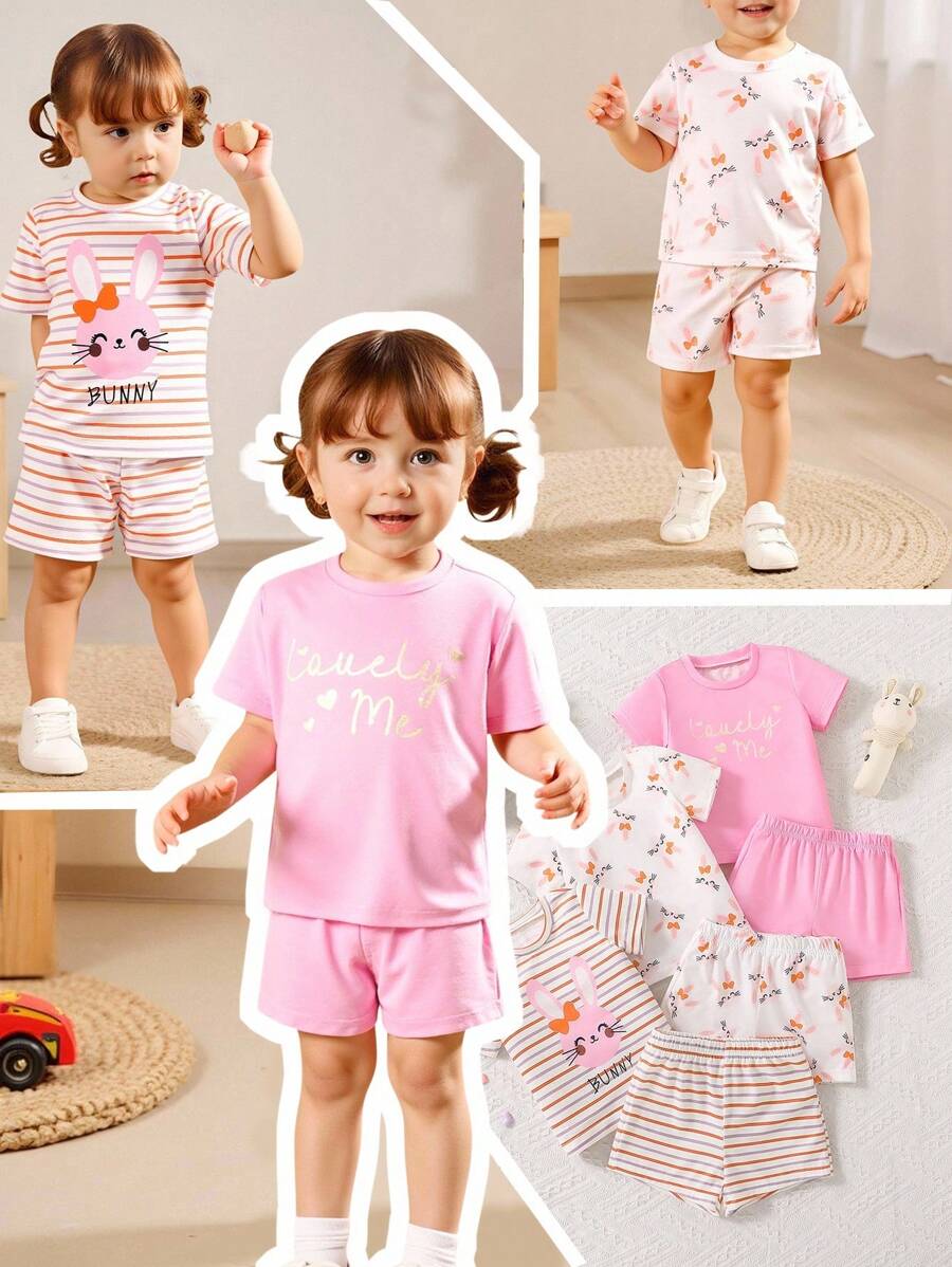 SHEIN Playful Pals Bộ 6 món/Bộ đồ sơ sinh cho bé gái từ 0-3 tuổi, Bộ sưu tập xuân hè, Áo phông thiết kế hình thỏ dễ thương & Quần short sọc - Nhiều màu - Xem 1
