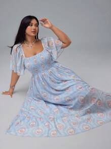 Flirla Plus Size Women's Romantic Palace Printed Gathered Waist Puff Sleeve Short Sleeve Dress - Blue - View 7