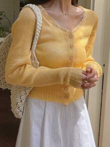 DAZY 蕾丝拼布修身短款开衫，女士长袖，秋季女装