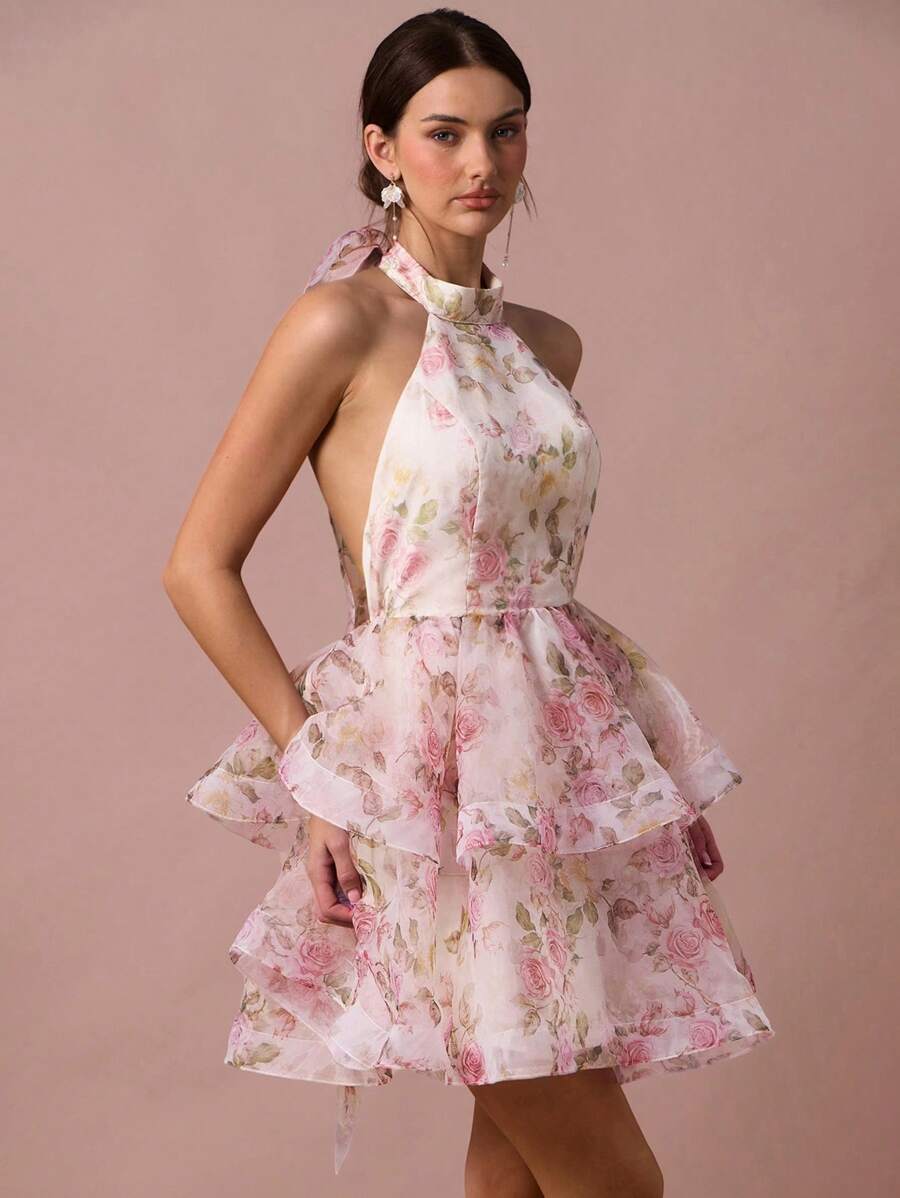 Enchnt 女式花卉印花荷叶边下摆无袖迷你连衣裙，时尚露背