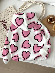 SHEIN Leap Crew Cute Cartoon Pink Heart Print, Tween Girl Casual Loose Comfortable Long Sleeve Hooded Sweatshirt Autumn Winter Clothes ForGirln - Multicolor - View 2