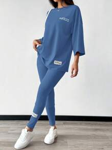 Mulvari Bộ 2 áo thun in chữ trễ vai và quần legging thường ngày cho nữ - Màu xanh lam - Xem 7