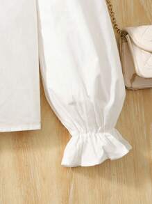 SHEIN 青少年女孩休闲可爱通勤蝴蝶结荷叶边袖衬衫，带可拆卸蝴蝶结，返校，白衬衫，学院风，学校，秋季 - 白色 - 查看 5