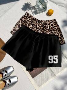 SHEIN EZwear 2pcs/Set Women Leisure Sports Leopard Print & Stripes Pattern Button-Up Tie-Front Shorts Set, Suitable For Summer Back To School - Black - View 4