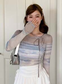 DAZY 扎染印花系带前襟上衣 长袖女式上衣 - 彩色 - 查看 4