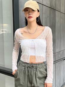 DAZY 1pc Button Front Crop Top Festival Sheer Long Sleeve Women Tops - White - View 6