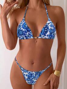 SHEIN Swim 2 pezzi Bikini floreale da donna con top a collo alto e schiena scoperta, con laccetti e slip a triangolo