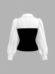 SHEIN Tween Girl Elegant Black And White Color Block Puff Long Sleeve Slit Hem Fashion Shirt Blouse And Solid Black Flared Leg Pants 2Pieces Set, For Daily Wear, Back To School, For Spring/Autumn