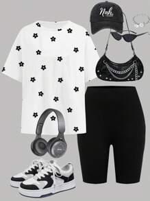 SHEIN Conjunto de 2 piezas para adolescentes con camiseta holgada de manga corta y estampado floral minimalista en blanco y negro, y leggings, apropiado para el verano