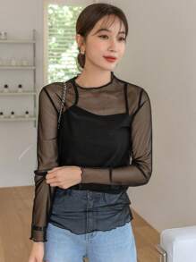 DAZY Lettuce Trim Mock Neck Mesh Top Without Cami Top Sheer Top Going Out Tops Long Sleeve Women Tops - Black - View 3