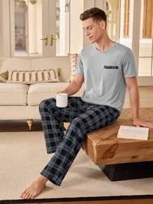 Juego de pijama para hombre, camiseta de cuello redondo de manga corta y pantalones - Gris Claro - Ver 9