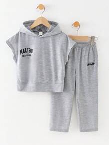 Conjunto de 2 piezas para niños pequeños: suéter con capucha y decoración de parche lindo y pantalones estampados de color liso, casual, apto para primavera/verano, escuela, hogar, diario, deportes, fiesta de cumpleaños, viajes al aire libre, básico y versátil
