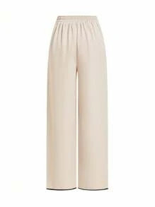 Ellevyn 2pcs/Set Women Summer Casual Contrast Binding Tank Top And Loose Wide-Leg Pants With Oblique Pockets - Apricot - View 5