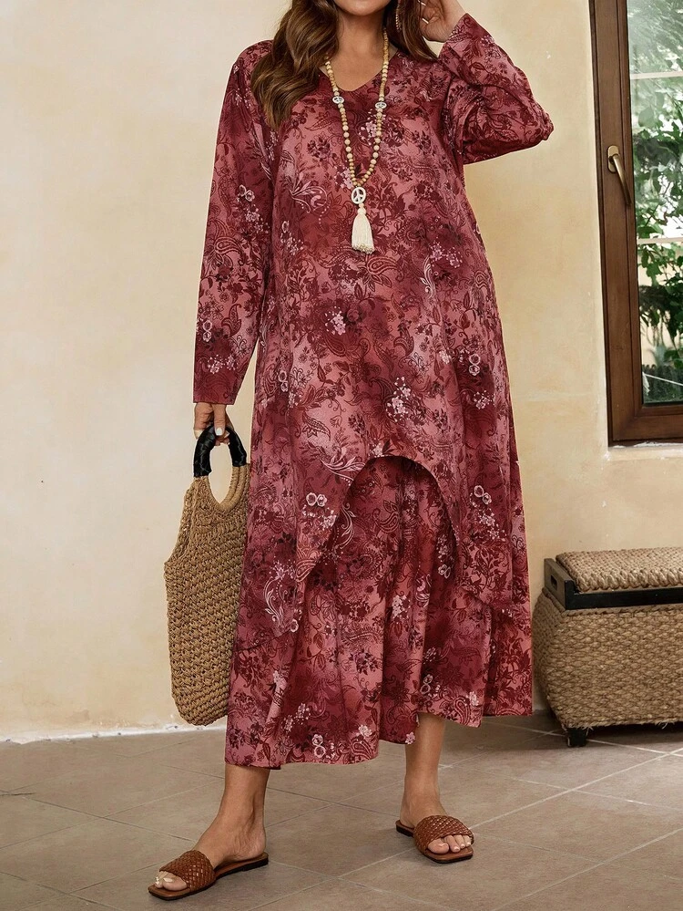 Plus Size Women's V-Neck Floral Print Vacation Style 2-In-1 Loose Dress, Spring & Autumn