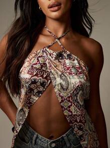 MISSGUIDED Áo crop top hở cổ in họa tiết Paisley cho kỳ nghỉ hè bãi biển phong cách boho hippie tiệc khiêu vũ câu lạc bộ áo cánh không tay buổi tối - Nhiều màu - Xem 6