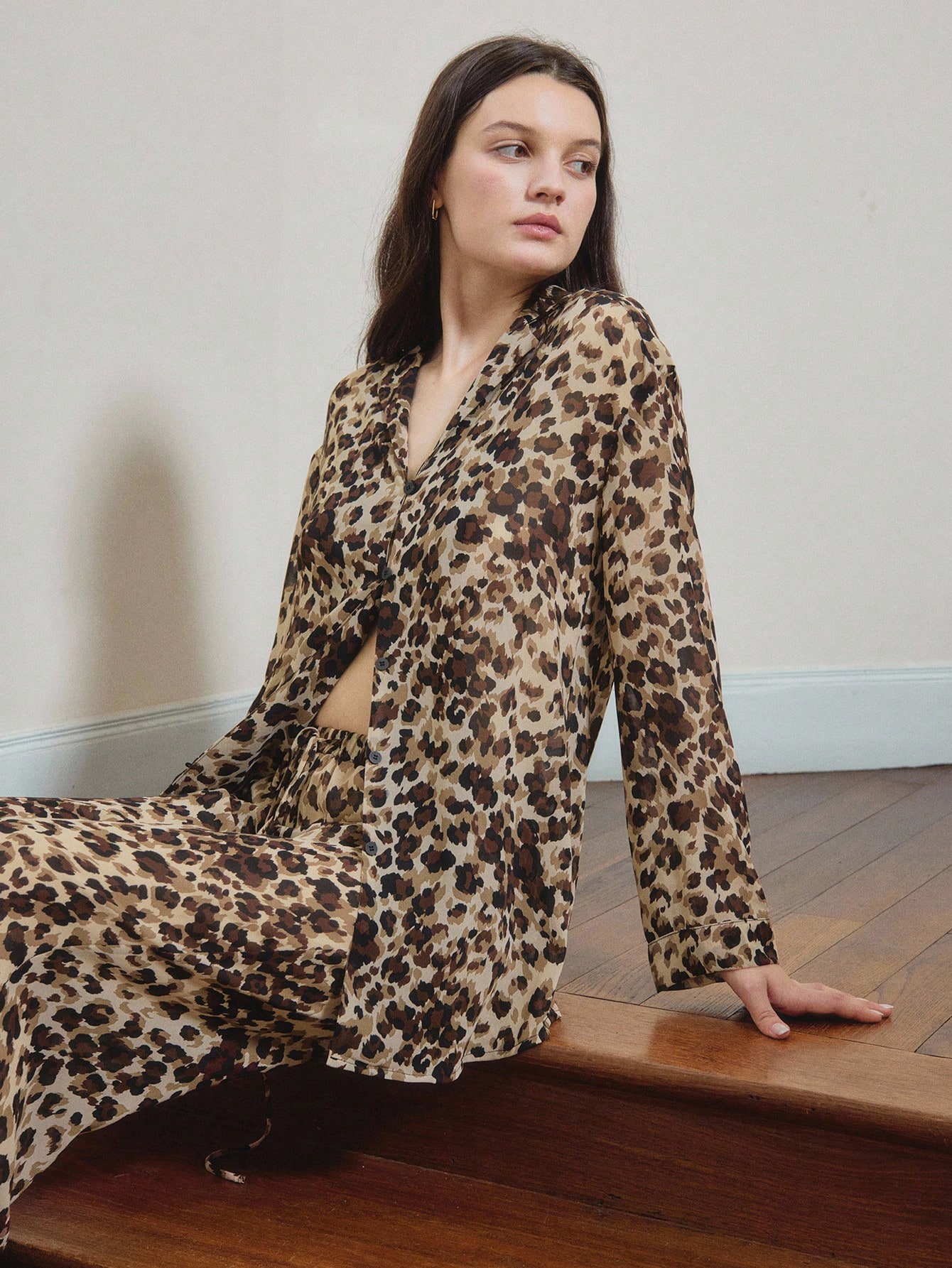 Oversized Loose Fit Leopard Print Top And Tie Waist Wide Leg Trouser Pajamas Set Spring Summer, Fall Clothes