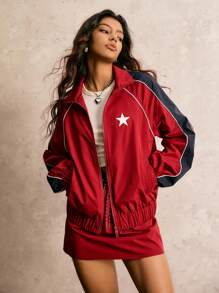 Easelle 酒红色梭织女式五角星印花插肩袖夹克和迷你裙运动套装 - 酒紅色 - 查看 7