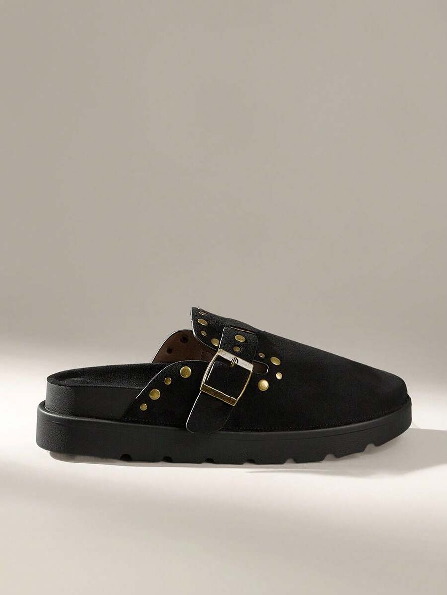 Solecia Giày lười đế dày mũi tròn đế phẳng thoải mái bằng nhung đen giản dị cho nữ - màu đen - Xem 1