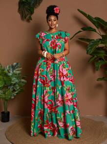 Maweii 大码数码花卉印花盖袖褶饰拼布圆领节日连衣裙 - 綠色 - 查看 3