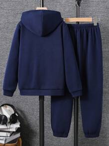 SHEIN 2pcs Set Tween Boy Casual College Style Dark Blue Paris Letter Graphic Hoodie And Dark Blue Drawstring Pants Suit, Suitable For Academy, Home, Daily Wear, Sports, Versatile And Simple, Hoodie And Sweatpants ,Setback To School Clothes Boy,School Clothes,Back To School Clothes Boys Sweatsuits Set Hoodie And Sweatpants Set Boys 2 Piece Outfit S Boys Tracksuit Fall Winter - Navy Blue - View 2