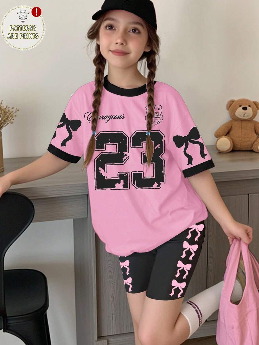 SHEIN Leap Crew 青少年女孩休闲简约短袖宽松 T 恤和紧身裤两件套,适合夏季 - 彩色 - 查看 1