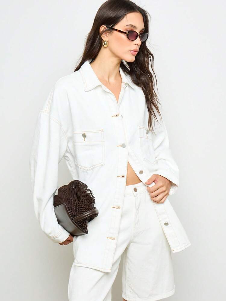 Oversized Denim Trucker Jacket With Button Front Long Sleeve