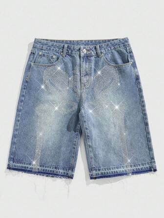 Goth Short en jean décontracté avec bord brut pour hommes avec graphique de crâne orné de strass, style de rue estival