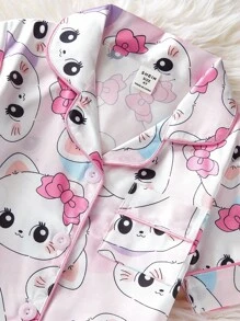 2pcs Young Girl Sweet Cute Cat Print Short Sleeve Shirt And Shorts Pajamas Set, Home Outfit - Pink - View 4