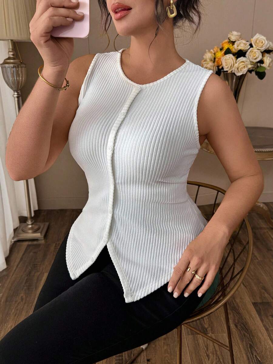 Auvina Plus Size Ribbed Camisole & Tank Top, Summer - White - View 1