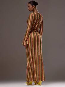 MUSERA 纹理条纹针织喇叭长裙，春夏度假波西米亚风伊比沙岛优雅海滩可爱婚礼宾客优雅约会之夜秋夏季穿搭假日长裙 - 彩色 - 查看 2